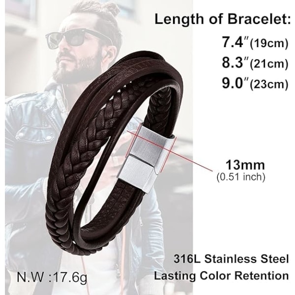 Herrarmband 21cm Mäns Läderbrunt Armband Vattentätt Armband Pojkvän Make Pappa Son Jul Nyår Födelsedag Armband Present