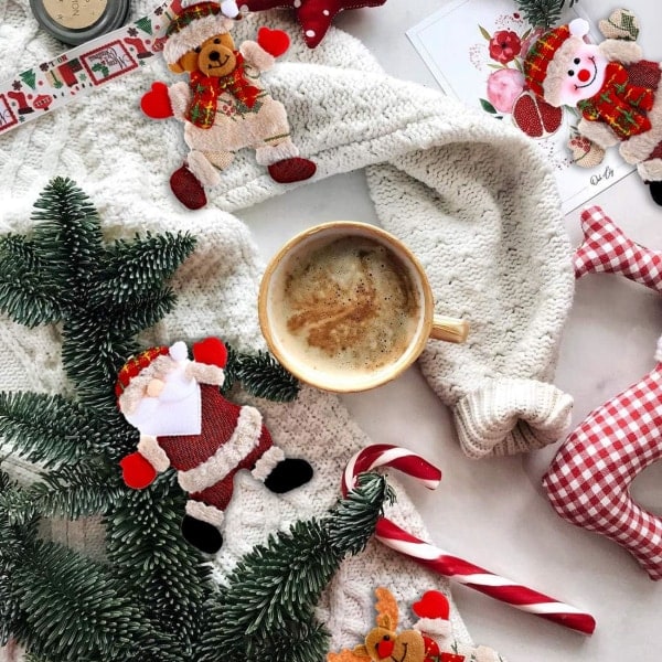 Julepynt Ornamentsett med 4 Snømann Rein Rutete Bjørn Plysj Hengedekor for Hjem Hage Jul Feriefest Gave