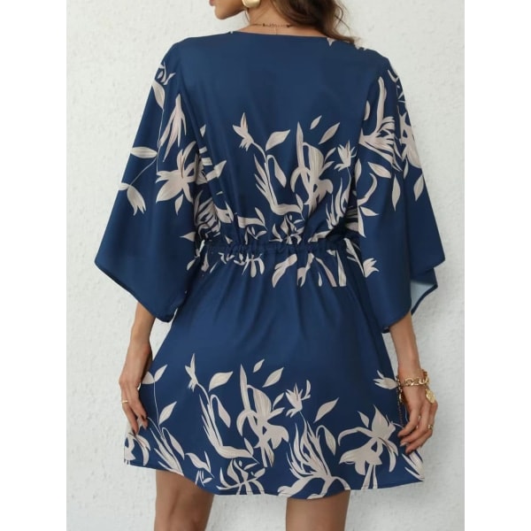 Dame Mini Kjole V-hals Bluserm ærmer Elastisk Talje Snøre Løst Afslappet Kjole Knapper Blomsterprint Kort Kjole