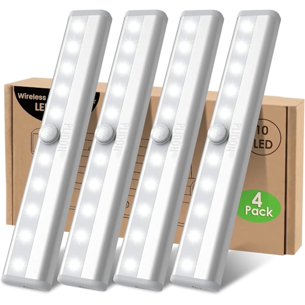 LED-rörelsedetektor Batteridriven Inomhus, 4-pack Trådlös Garderobslampa LED-remsa för Trappor, Klädkammare, Under Skåp, Kök