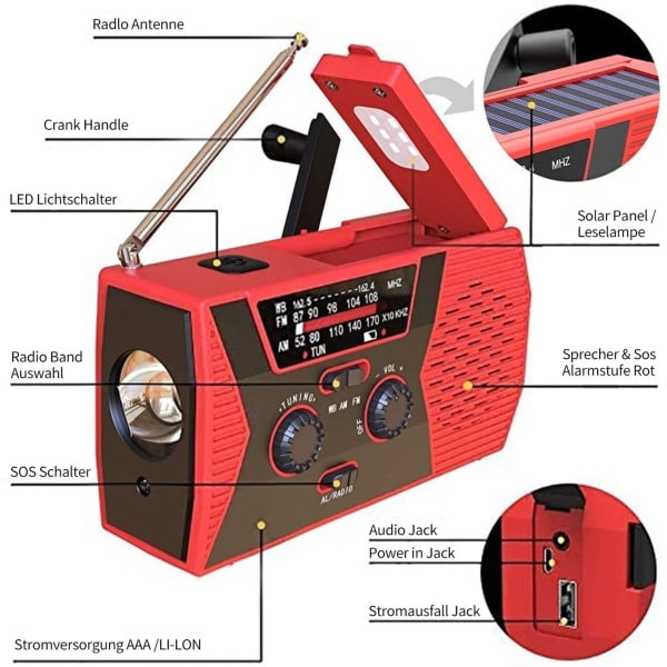 Solcelledrevet håndsveivbar oppladbar radio med lommelykt rød