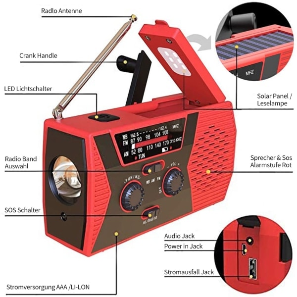 Solcellsdriven vevradio med ficklampa, röd