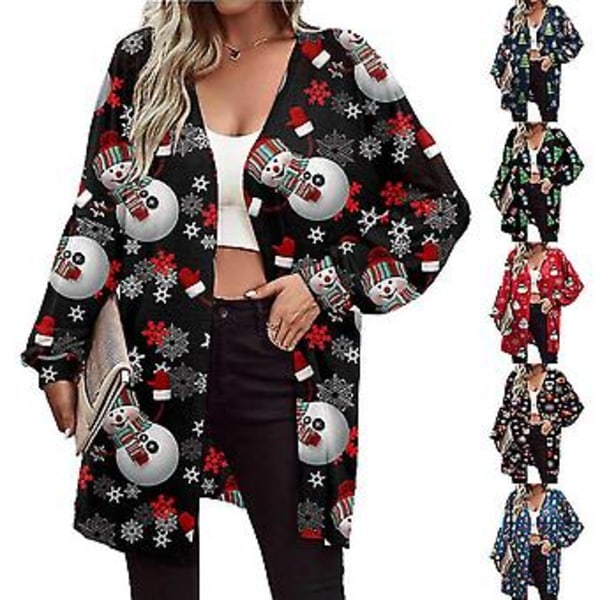 Dame Cardigan Jakke med Juleprint, Langærmet, Mode (S Sort Julemand)