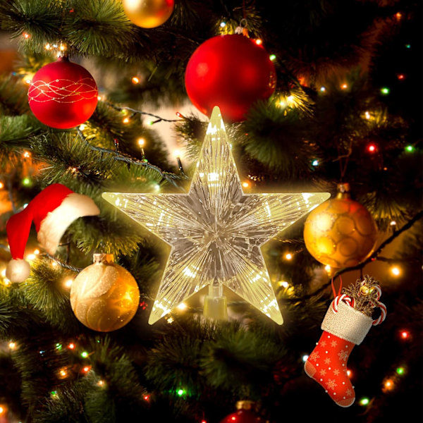 10 LED-upplysta julgransstjärnor, julgransstjärnor, julgranspynt, för julgransdekorationer (varmvit)