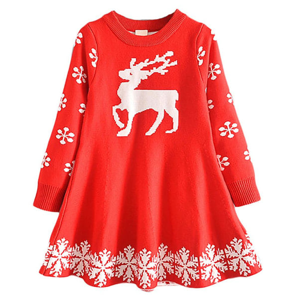 Julekjole til Piger med Snefnug Print, Langærmet Strikket Swing A-Line Sweater Kjole, Julefest Kostume, Rød 4-5 År