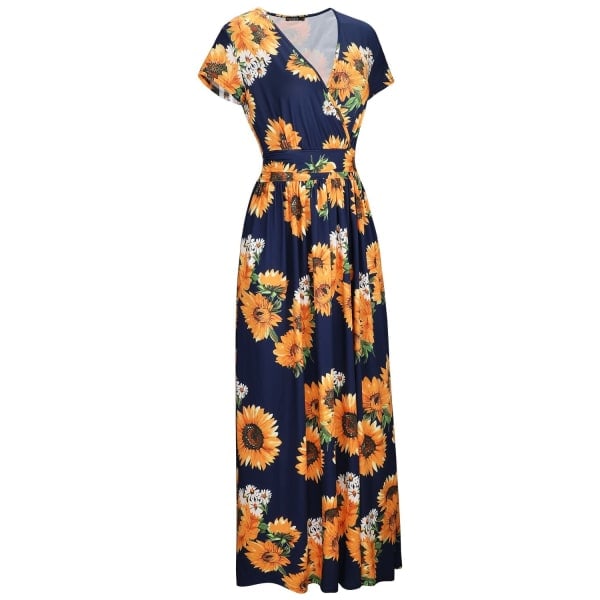 Dame Maxi Kjole Casual V-Hals Kort/Lang Ærme Blomster Dame Wrap Lang Kjole Med Lomme