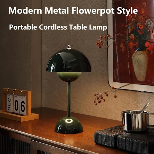 REMAKE Blomsterpot Trådløs Bordlampe, 1800mAh Batteri Svampebordlampe, Bærbar Terrassebordlampe, Lille Genopladelig Lampe (Grøn)