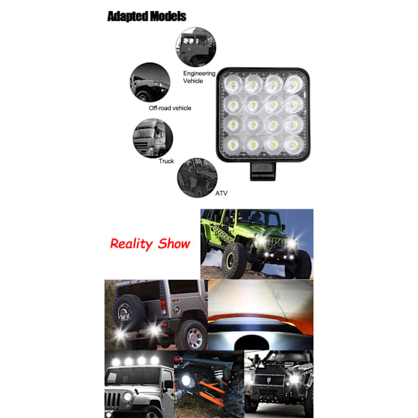 x 48W LED arbeidslys, firkantet spotlight 12V 24V langdistanse LED H