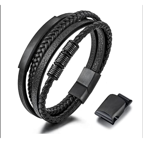 Fars Dag Sort Læderarmbånd Til Mænd Ægte Flettet Læder Stort Wrap Armbånd Med Mave