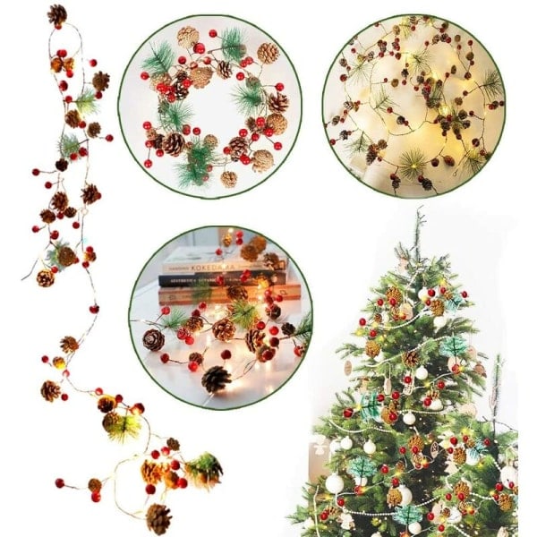 Julgransljus med kottar, tranbärsbågar, julkrans, ljusslinga, juldekorationer för nyårsfest