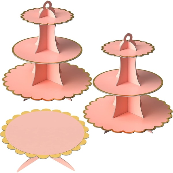 3 kpl vaaleanpunaisia pahvisia cupcake-telineitä, 3-kerroksinen jälkiruokatorni ja 1-kerroksinen kakkuteline syntymäpäiväjuhliin, häihin, vauvakutsuihin, vaaleanpunainen