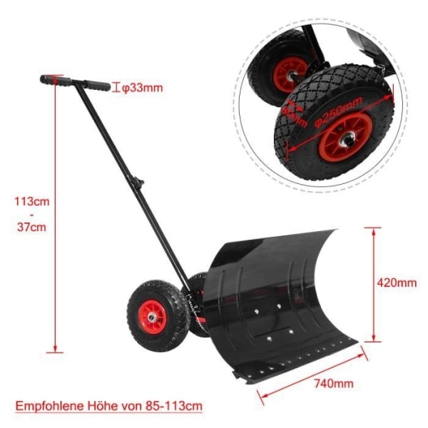 REMAKE XMTECH sneskovl med hjul - 5 justerbare højder - sneskovl - 75 cm arbejdsbredde, sort Sort