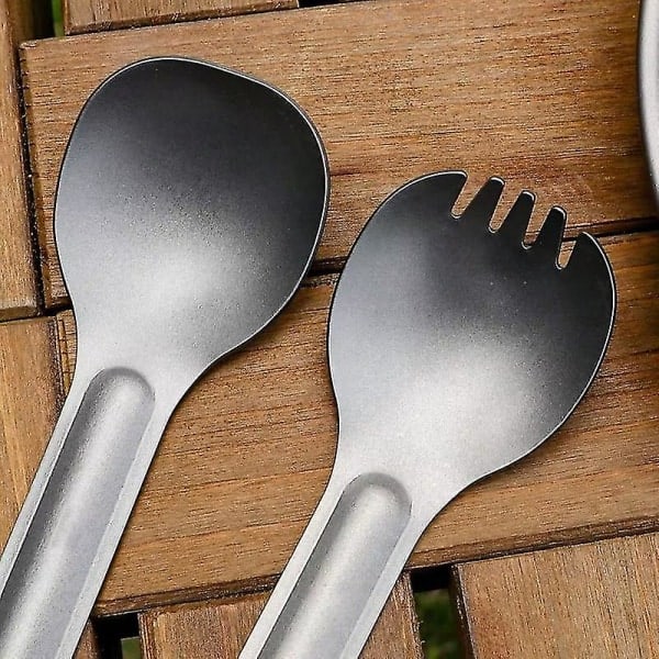 2 st Titanium Långskaftad Sked/Gaffel med Polerad Skål för Utomhuscamping