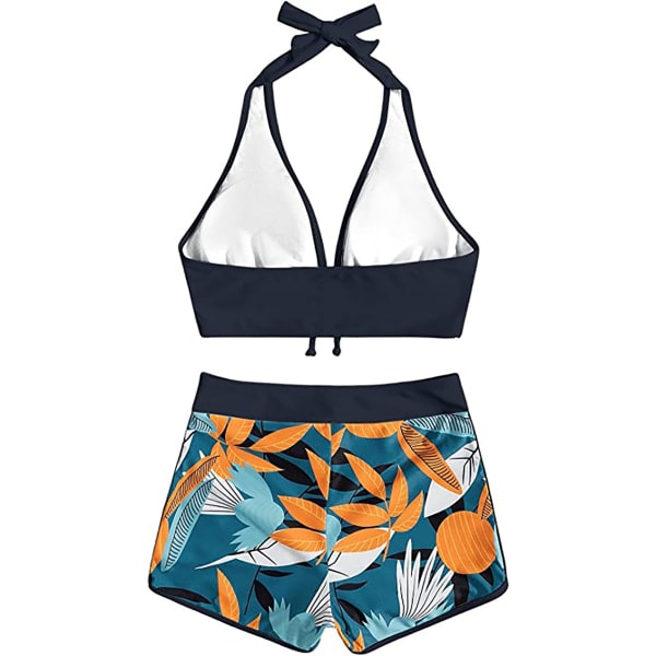 Bikinin setti halter-kauluksella ja lehtikuviolliset shortsit, sininen XL