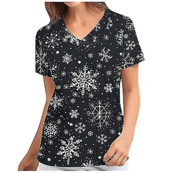 Juletrøje til kvinder - Sygeplejerskeuniform med korte ærmer, V-hals, julebluser, top (XL mørk sort)