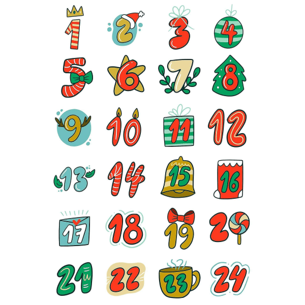 24 kpl Merry Christmas -tarroja lahjoille, joulukalenteriin, numeroille, paperitarroille, monikäyttöisiä tarroja lahjapaperiin, koristeellisia tarroja...