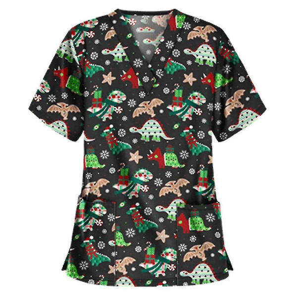 Jule-Sygeplejerske Uniform Scrub Kortærmet T-shirt Jule-Blouse Tee Tops XL Dinosaur Sort