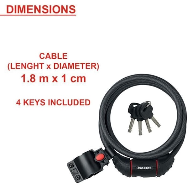 MASTER LOCK Cykeltyverisikring [1,8 m kabel] [Nøgle] [Udvendig] [Cykelmontering] 8130EURDPRO