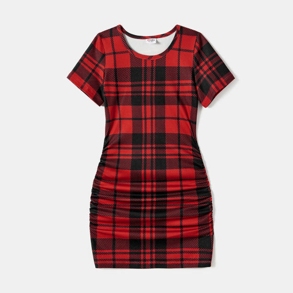 Jul Familjematchande Kortärmad Bodycon Snörning Rutiga Klänning och Kontrastset (Flamsäker) Röd BabyBoy12-18M