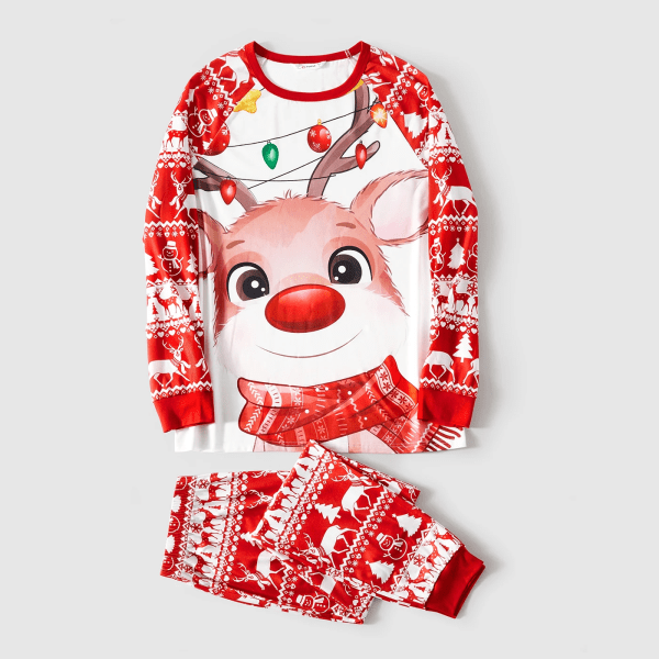 Christmas Family Matching Clothes Deer and Lights Print Red Family Look Raglan Sleeve Pajama Set (Flameproof) REDWHITE Kids12-13Years