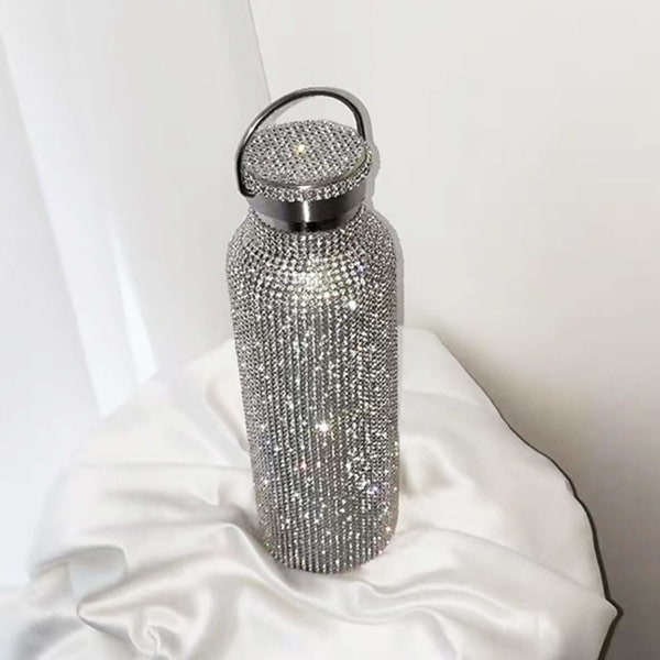Diamanter Vannflaske, Isolerende Vannflaske i Rustfritt Stål, Glitter Vannflasker, Fyllbare Vannflasker for Kvinner Sølv (500ml)