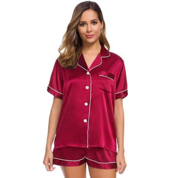 Naisten satiini-pyjama, lyhythihainen naisten pyjama nappeilla, V-kaula punainen XL