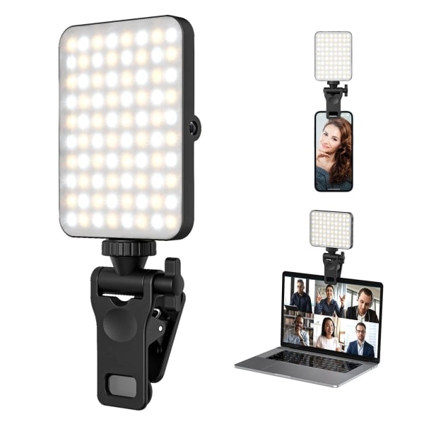 REMAKE Ladbar Selfie-lys - 80 LED Telefonklipslys - Uendelige Justeringsmoduser - Perfekt for iPhone, Telefon, iPad, Bærbar PC
