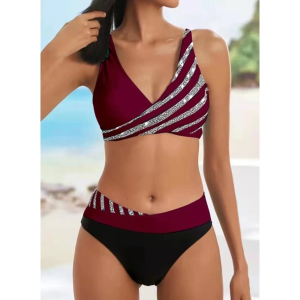 Urheilullinen 2-osainen bikinin yläosa push-upilla & kiiltävä stringi Viini XL