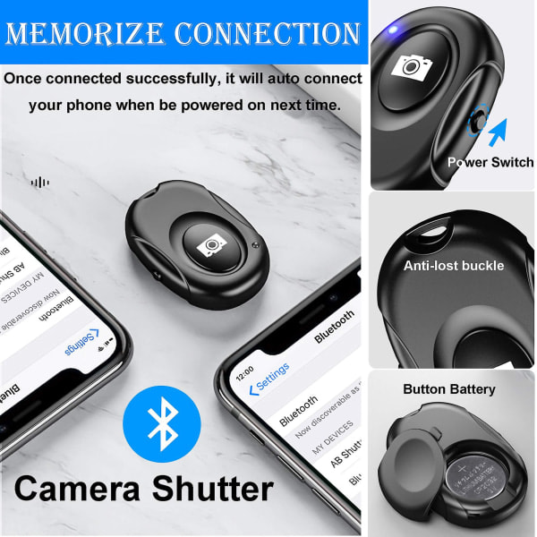 Langaton Bluetooth-kameran laukaisin, 20 metrin tunnistusalue älypuhelimille, 2-pakkauksessa
