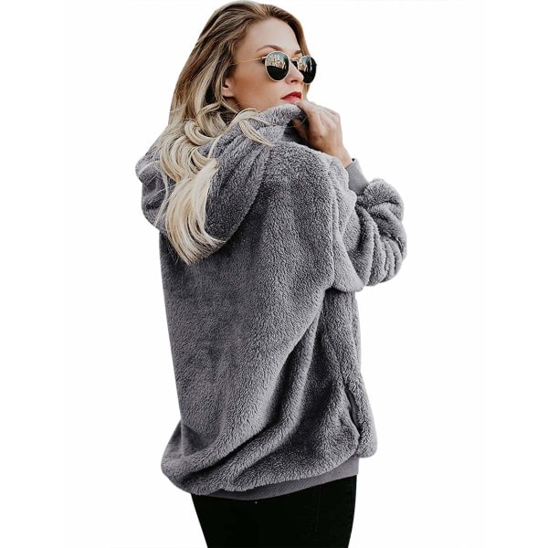 Dame Hoodie Teddy Fleece Trøje Efterår Vinter Mørkegrå XL
