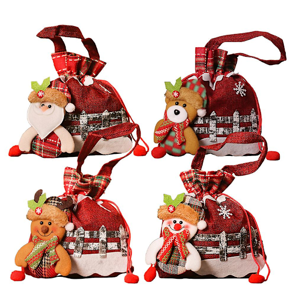 4-pakks Santa-trekkposer med 3D jule-epleposer, snømann, elg, julenissen, bjørn, festpose, gaveinnpakning