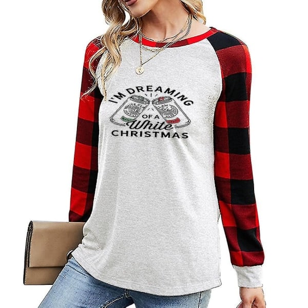 Hhcx - Kvinders Juletrykte Langærmet Bluse Ternet T-shirt Løstsiddende Tee Tops Hvid S