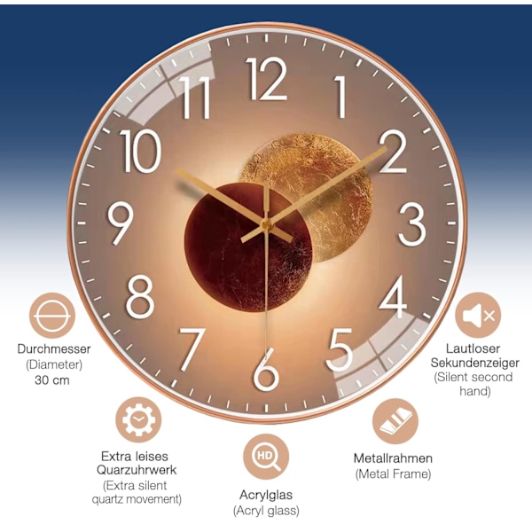 30 cm Moderne Kvarts Stille Veggklokke, Veggklokke Uten Tikkende Lyd, Kjøkkenveggklokke for Stue, Rom, Kontor (Gull)