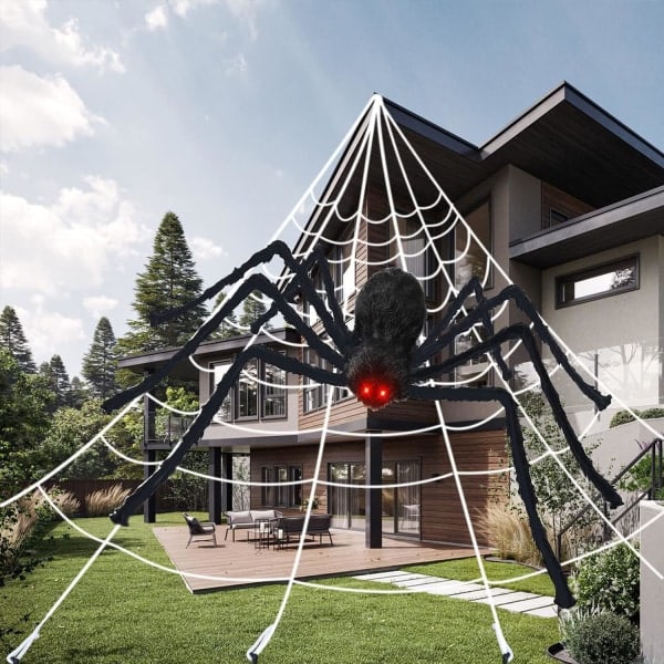 REMAKE Halloween-edderkopp, 200 cm gigantisk edderkopp, Halloween utendørs dekorasjon med 7 m trekantnett 20 g utvidbart edderkoppnett 10 plast edderkopper, skrekk