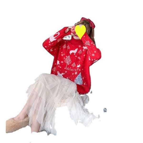 Dame Strikket Ugly Christmas Snefnug Grafisk Langærmet Strikket Trøje med Høj Hals