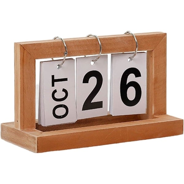 Trä manuell vändbar skrivbords kalender, återanvändbar retro skrivbords kalender block kalender, används för att dekorera kontor brun