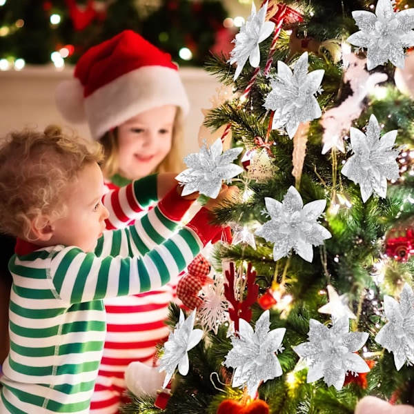 Julepynt Blomster - 12 stk Kunstige Røde Gyldne Juleblomster Juletræspynt Glimtende til Jul Nytår Dekoration (Sølv)