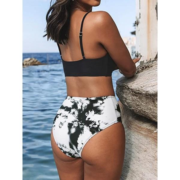 Dame Cross Bustier Højtaljet Bikini Sæt Sort-hvid L