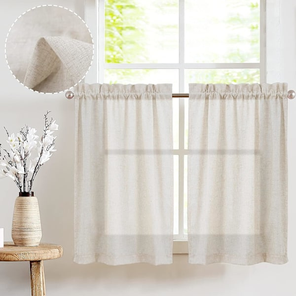 Beige Linned Køkken Gardiner - Landlig Cafe Gardiner (2 Paneler)
