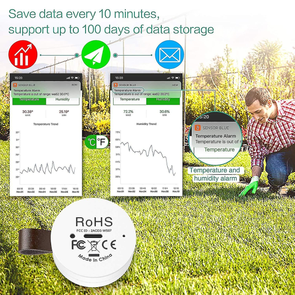 Trådløs termometer hygrometer, Oria Mini Bluetooth 5.0 fuktighetstemperatur sensor med dataeksport og alarm