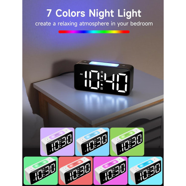 Super Hög Larmklocka för Tunga Sovare, Digital Klocka med 7 Färgade Nattlampor, Justerbar Volym, Dimmer, USB-Laddare, Små Klockor för Sovrummet