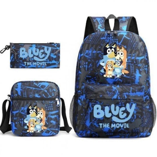 Blå Bluey Skolväska i Tre Delar för Män och Kvinnor, Student Casual Väska med Tryckt Stort Fack