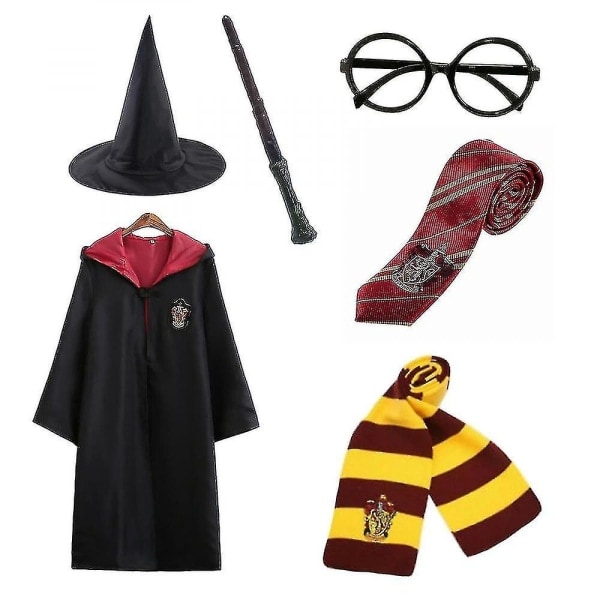 Harry Potter 6-delars Set Magisk Trollkarl Maskeraddräkt Kappa Klädsel_röd 145cm (9-10 år)