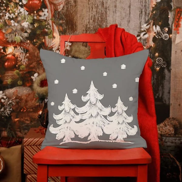 Grå Juleputetrekk 45x45cm Juledekorasjon God Jul Tre Tro Snøfnugg Vinterferie Dekorasjon Hjem Putetrekk