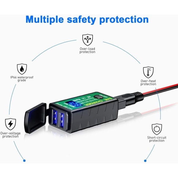 Vanntett USB-lader for motorsykkel, SAE til USB-adapter med bryter og LED-voltmeter, for telefoner, iPad, GPS 12V/24V Lefou