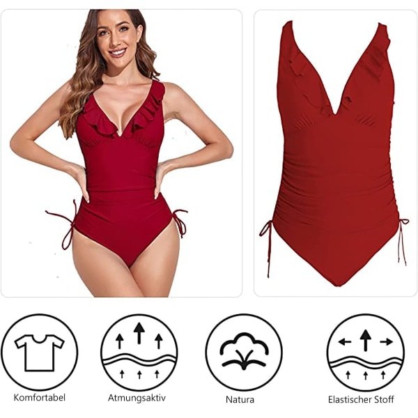 Naisten Rypytetty V-Kaula Monokini Push-Up Uimapuku Viininpunainen L