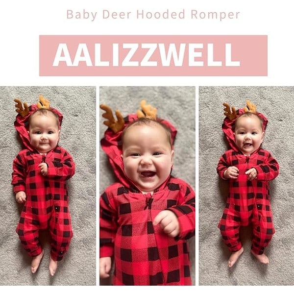 Baby Juldräkt, pojkar och flickor långärmad huvad dragkedja jumpsuit julkläder (0-6 månader)