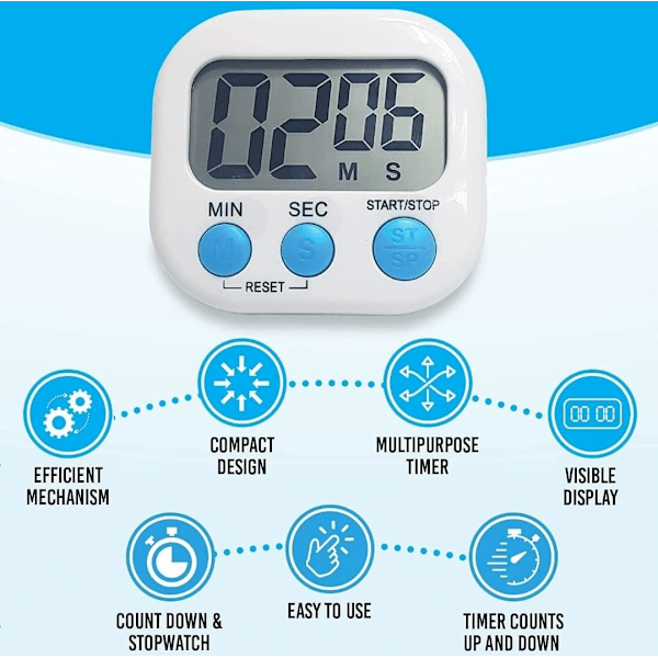 Magnetisk kjøkkentimer - Digital visuell timer - Lys skjerm - Nedtelling og stoppeklokke - Multifunksjonstimer