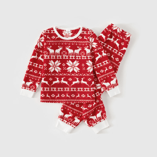 Julefamiliens Matchende Langærmede Pyjamasæt med Hjorte- og Snefnugprint i Rød Fleece (Flammehæmmende) RØDVID L Kvinder