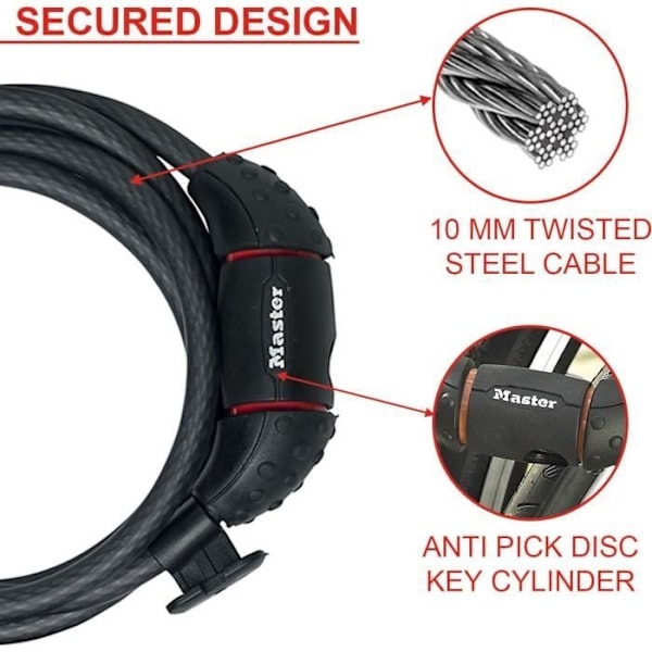 MASTER LOCK Pyörän varkaudenvastainen kaapeli [1,8 m kaapeli] [Avain] [Ulkoinen] [Pyörän asennus] 8130EURDPRO